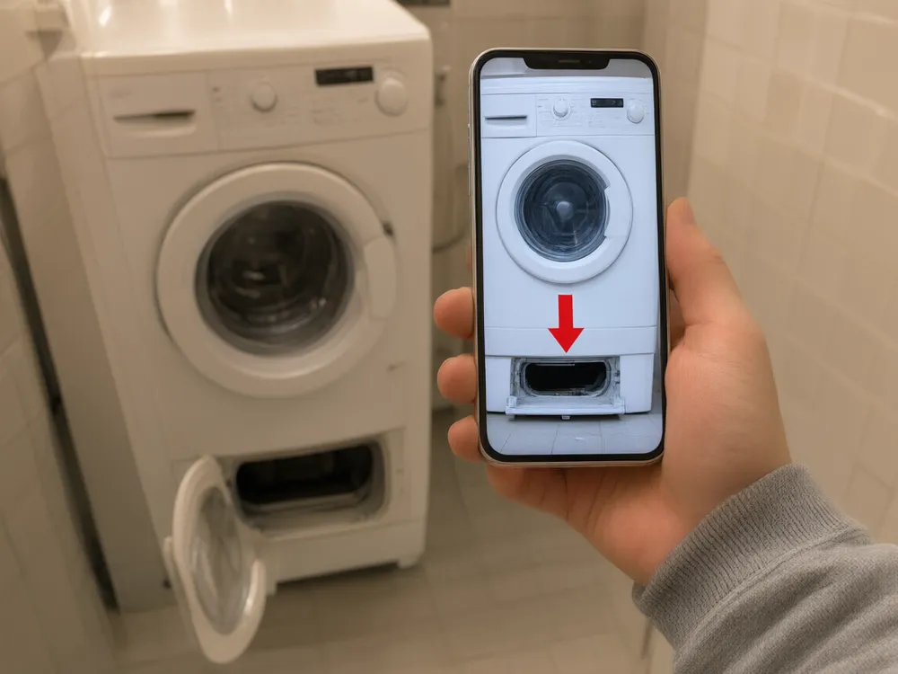 La guida aperta sul telefono accanto alla lavatrice
