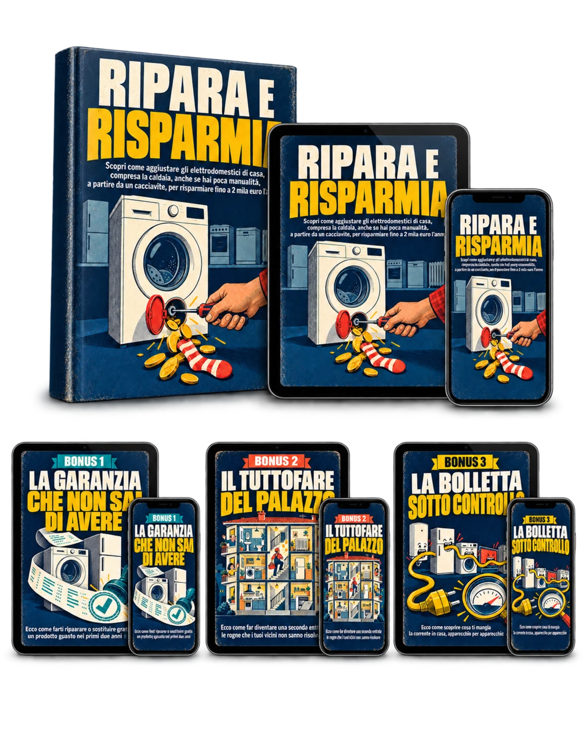 La guida Ripara e Risparmia e i 3 bonus, su libro, tablet e telefono